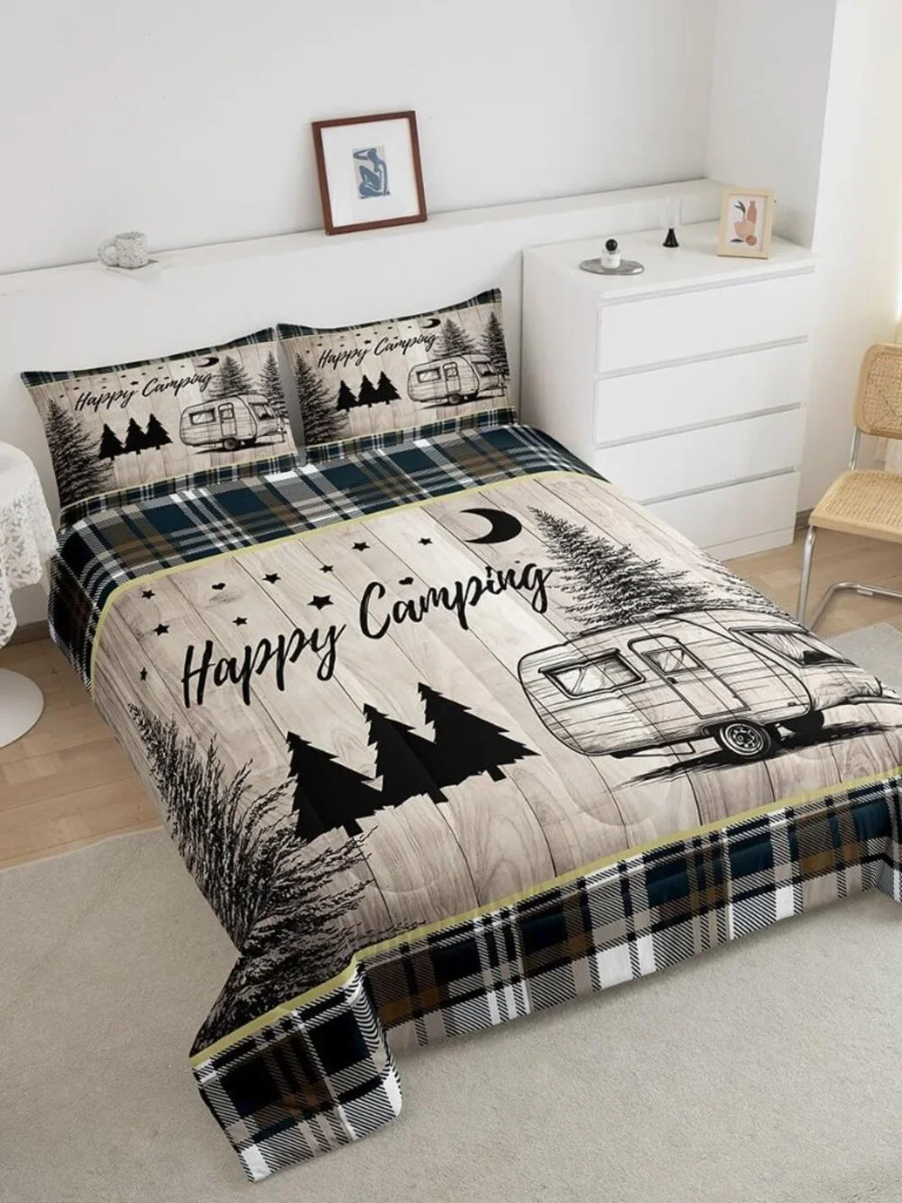 RV Camper Queen Comforter Set,Rustic Camping Bedding Sets for Travel Trailer,Cab